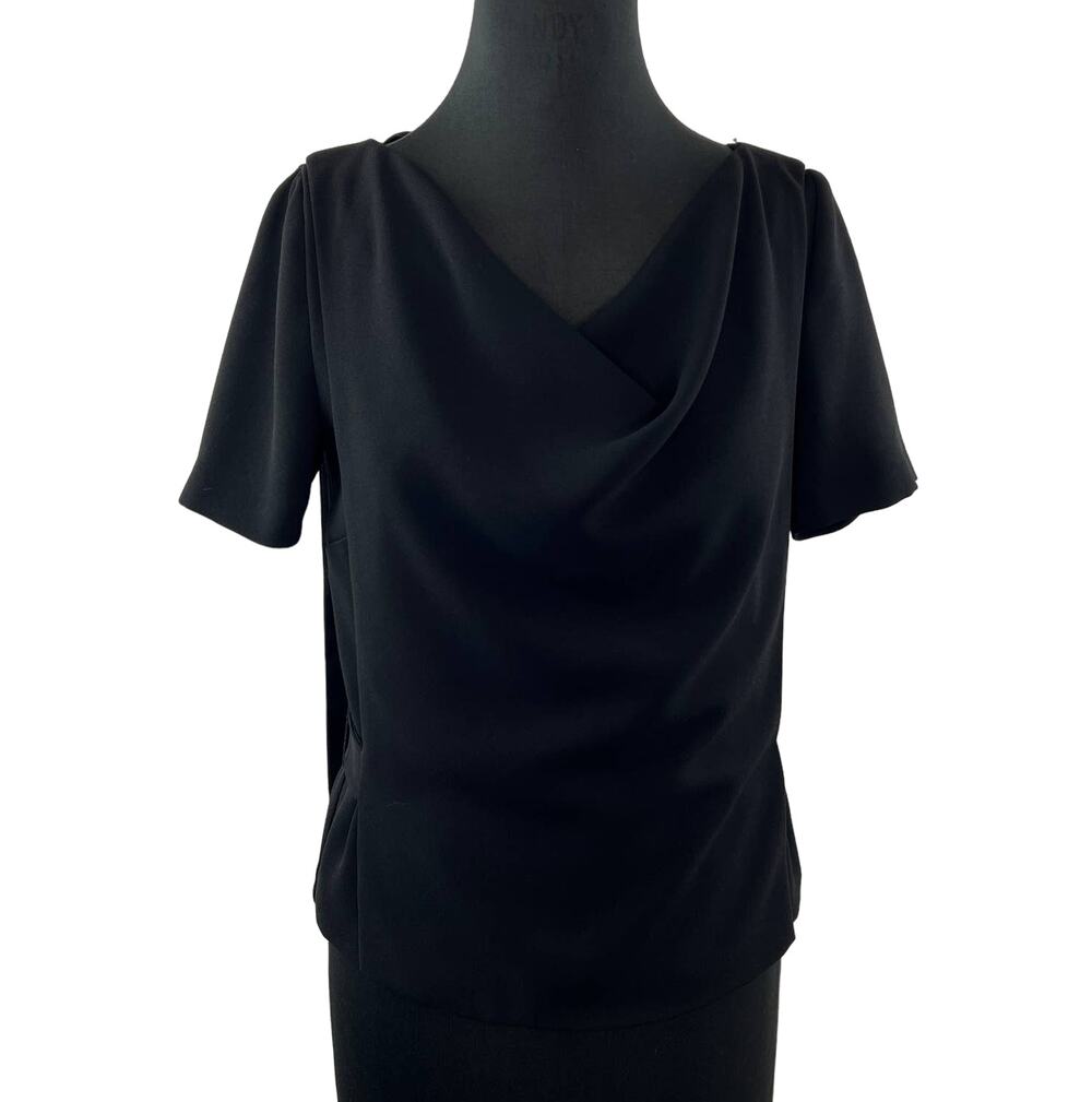 ZAPA Black Ponte Cowl Neck Cape-Back Short Sleeve Blouse Top Cinched Waist 38 S